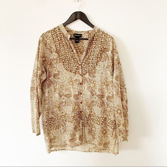 Request Gold Beige Tans Gold Sequin Floral Print Button Down Tunic Blouse - Picture 5 of 6